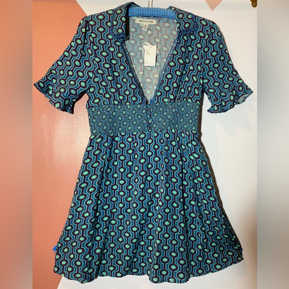 Dress Urban Outfitters, medium, print: purple, blue, teal, knit details, buttons